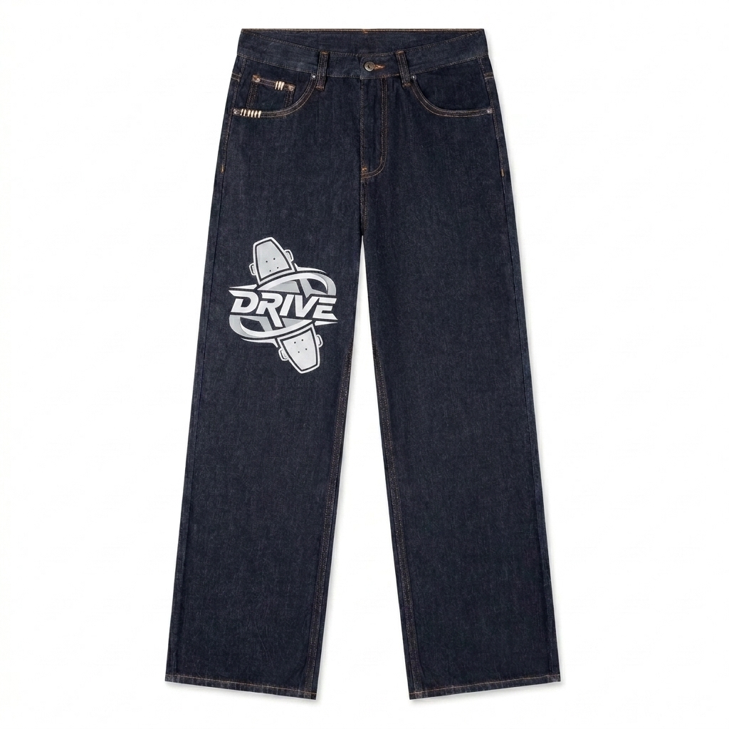 Custom Heavyweight Straight Leg Denim Jeans design direction 2: Streetwear Graphic featuring the DRIVE wordmark