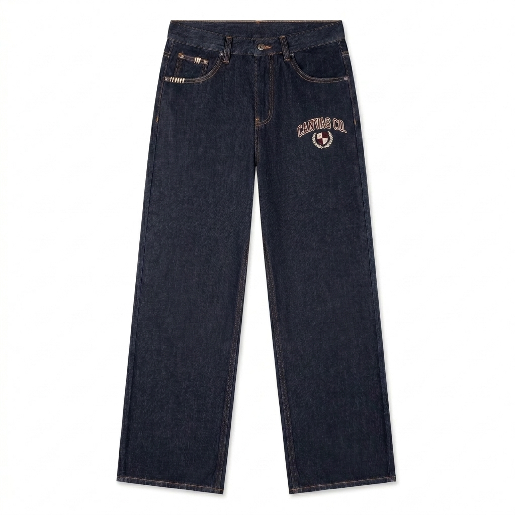 Custom Heavyweight Straight Leg Denim Jeans design direction 3: Retro Collegiate Emblem featuring the CANVAS CO. wordmark