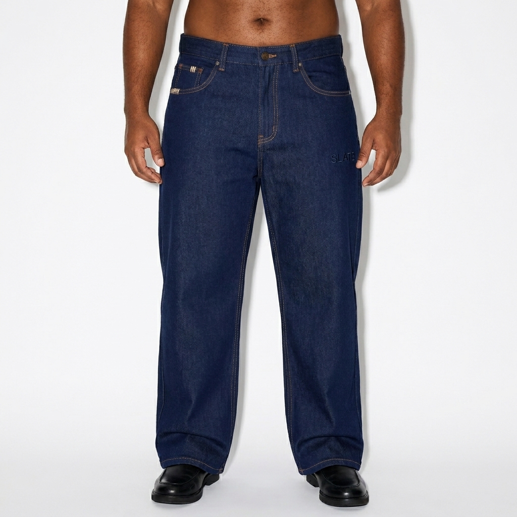 Heavyweight Straight Leg Denim Jeans worn by a curvy Brazilian male fashion influencer, y2k revival styling, studio lookbook — custom heavyweight straight leg denim jeans