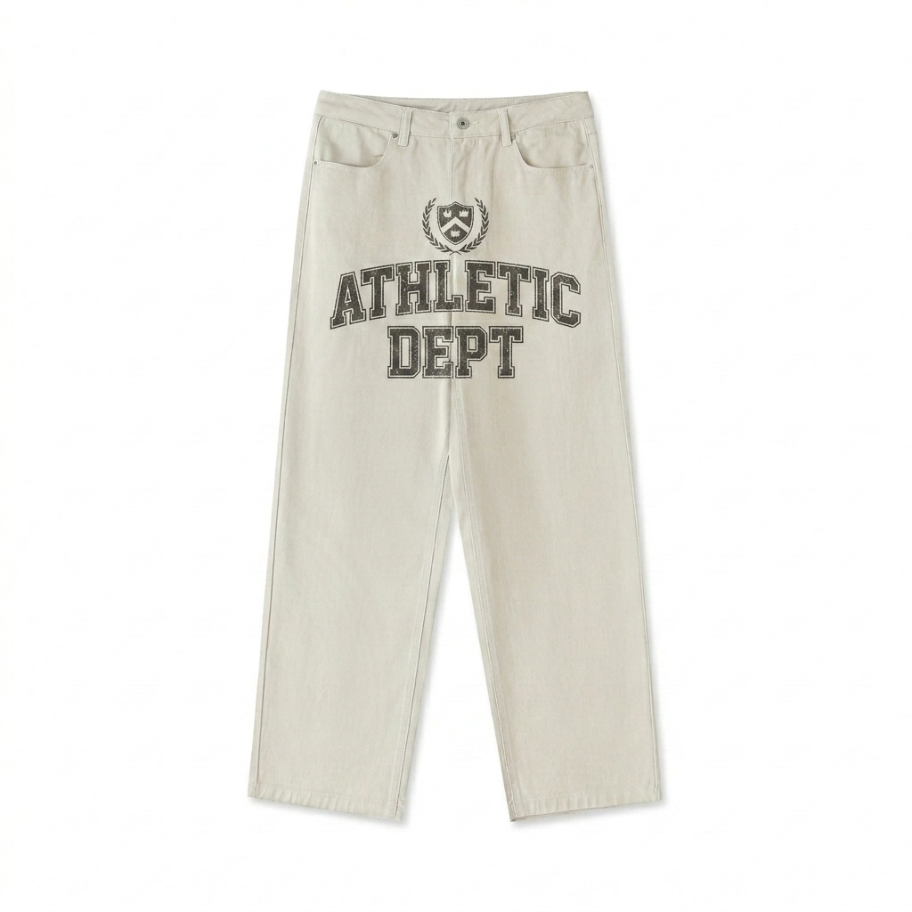 Custom Heavyweight Straight-Leg Pants design direction 2: Retro Collegiate Graphic featuring the ATHLETIC DEPT wordmark