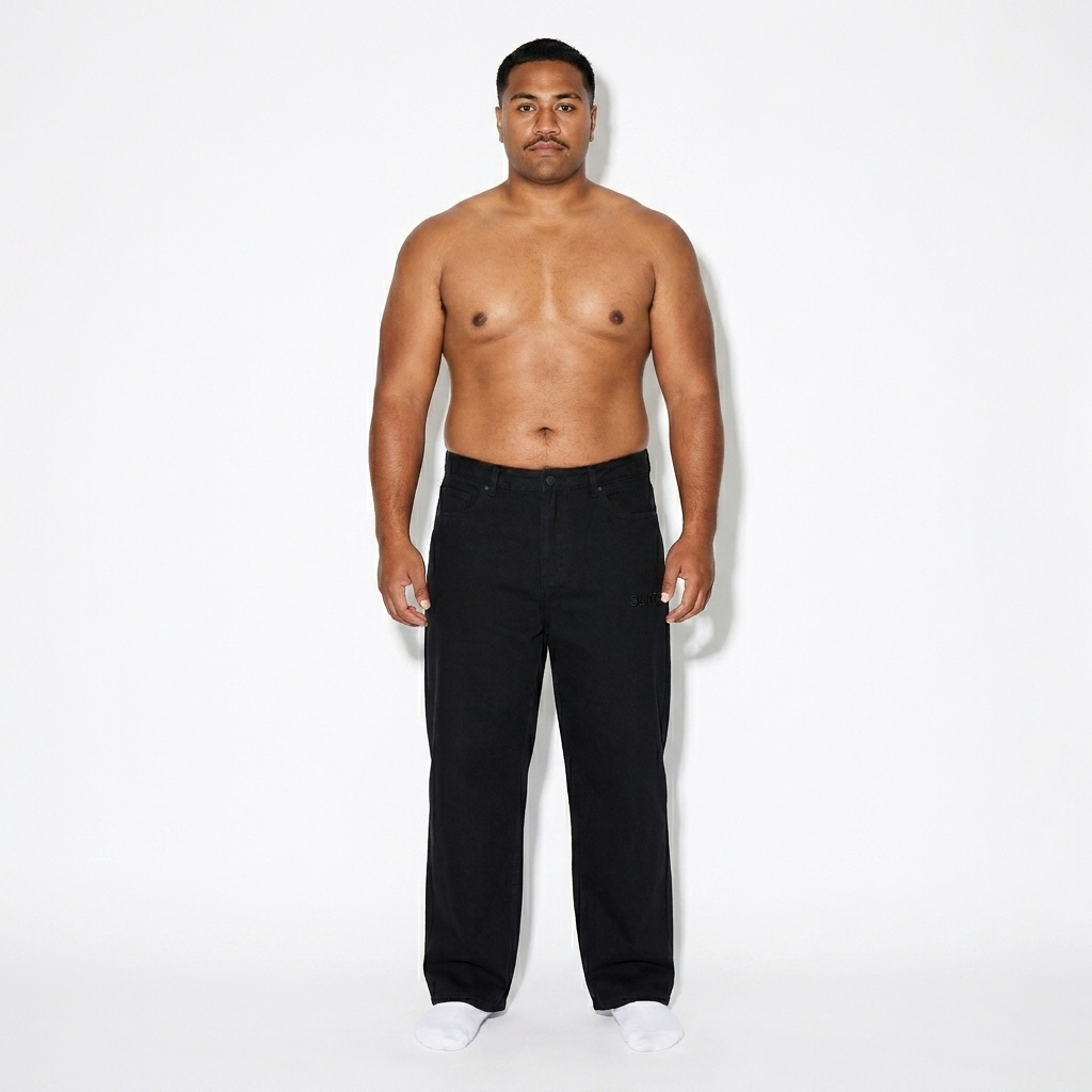 Heavyweight Straight-Leg Pants worn by a curvy Pacific Islander male fashion influencer, editorial avant-garde styling, studio lookbook — custom heavyweight straight-leg pants
