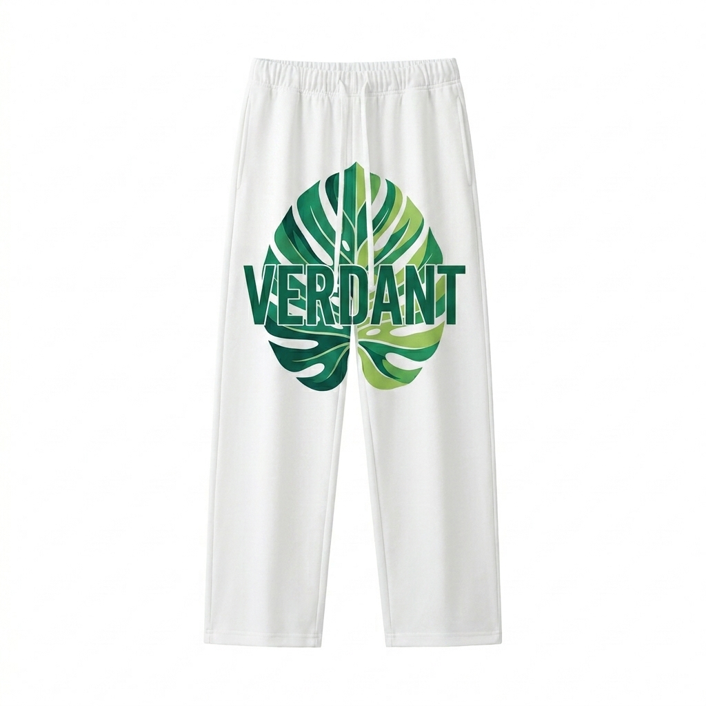 Custom Heavyweight Straight-Leg Sweatpants design direction 2: Botanical Graphic Print featuring the VERDANT wordmark