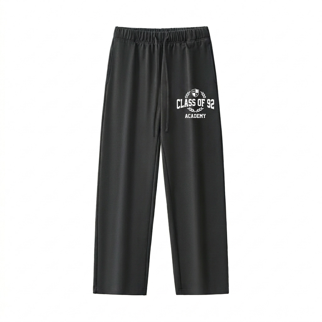 Custom Heavyweight Straight-Leg Sweatpants design direction 3: Retro Collegiate Emblem featuring the CLASS OF 92 wordmark