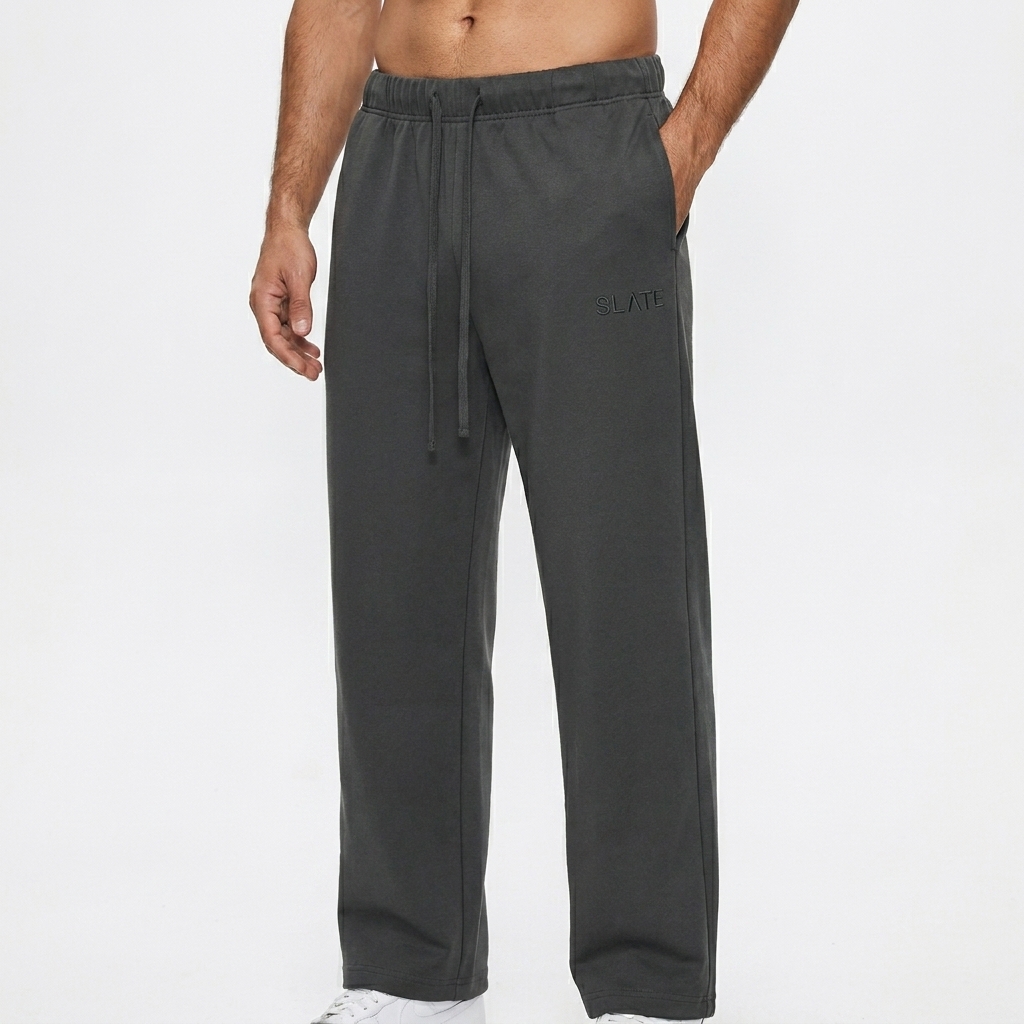 Heavyweight Straight-Leg Sweatpants worn by a mid-size Mediterranean male fashion influencer, minimalist luxury styling, studio lookbook — custom heavyweight straight-leg sweatpants