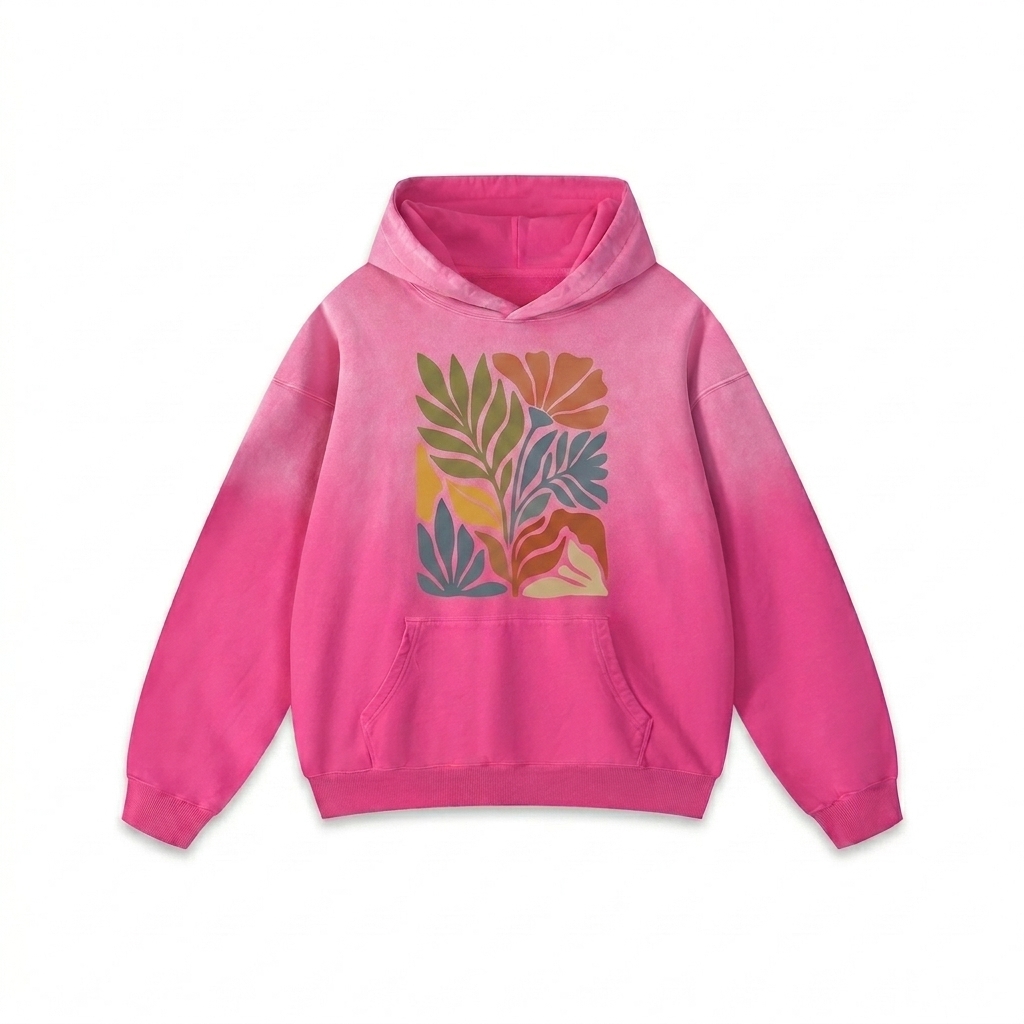 Custom Heavyweight Sunfade Oversized Hoodie design direction 2: Bold Abstract Graphic featuring the EMBER wordmark