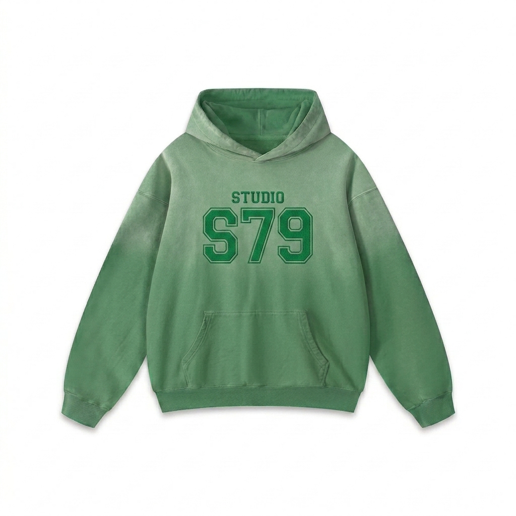 Custom Heavyweight Sunfade Oversized Hoodie design direction 3: Retro Collegiate Emblem featuring the STUDIO 79 wordmark