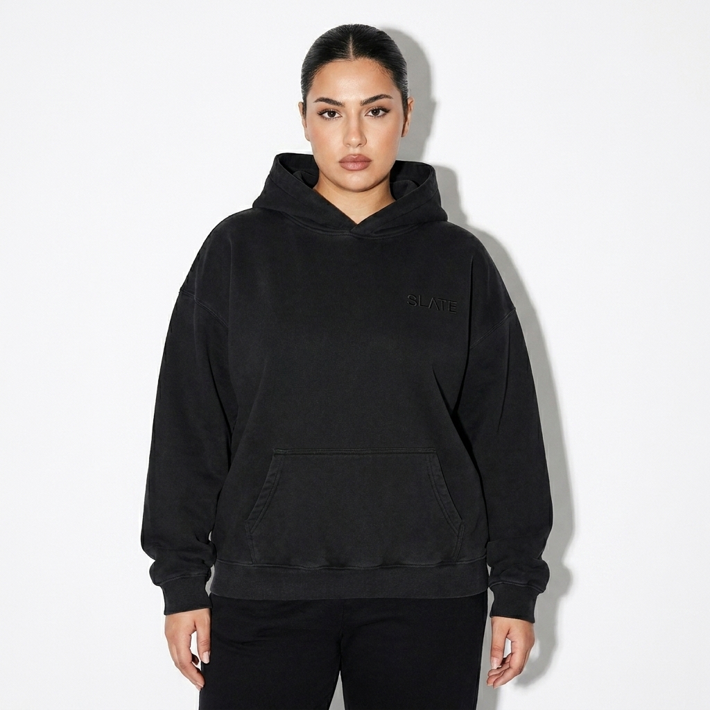 Heavyweight Sunfade Oversized Hoodie worn by a curvy Turkish female fashion influencer, clean-girl minimal styling, studio lookbook — custom heavyweight sunfade oversized hoodie