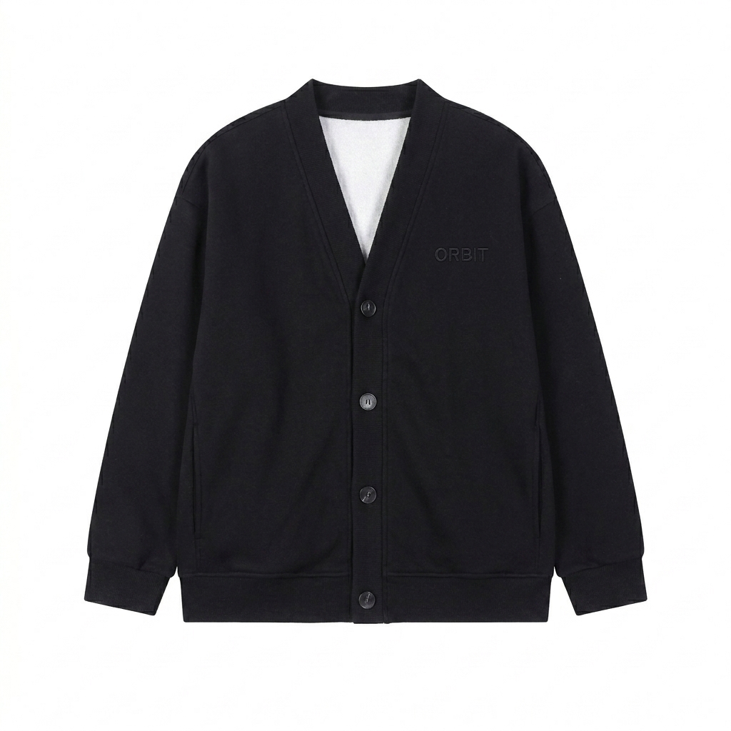 Custom Heavyweight Sweat Cardigan design direction 1: Tonal Minimalist Wordmark featuring the ORBIT wordmark