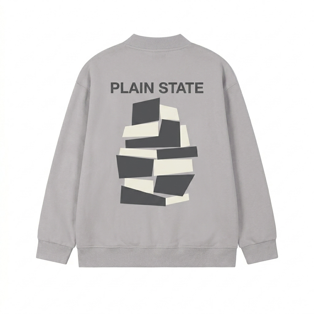 Custom Heavyweight Sweat Cardigan design direction 2: Abstract Graphic Statement featuring the PLAIN STATE wordmark
