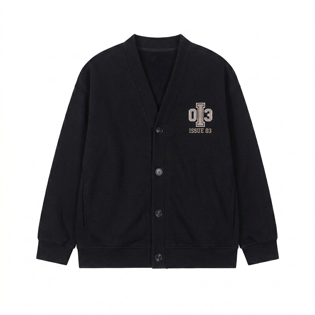 Custom Heavyweight Sweat Cardigan design direction 3: Retro Collegiate Emblem featuring the ISSUE 03 wordmark