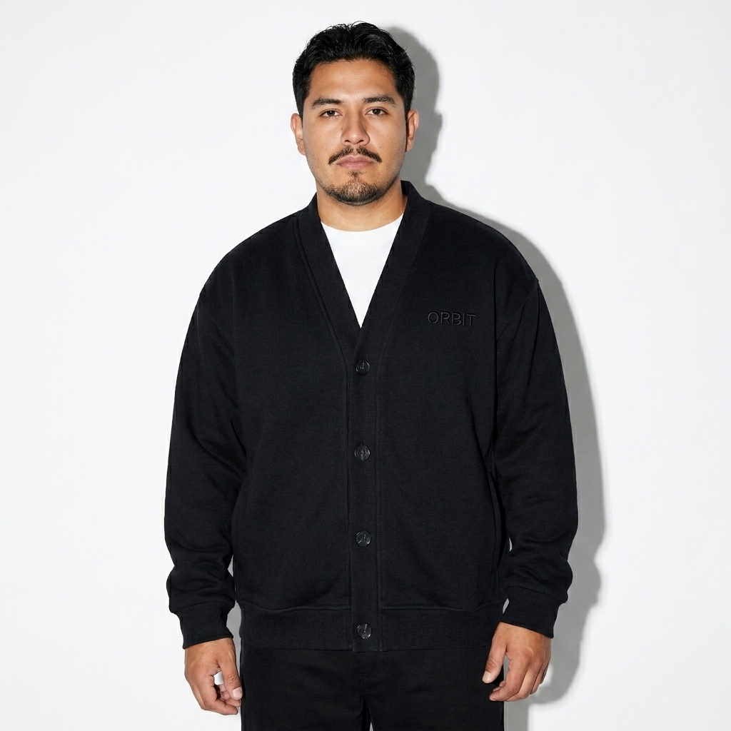 Heavyweight Sweat Cardigan worn by a mid-size Mexican male fashion influencer, workwear utility styling, studio lookbook — custom heavyweight sweat cardigan
