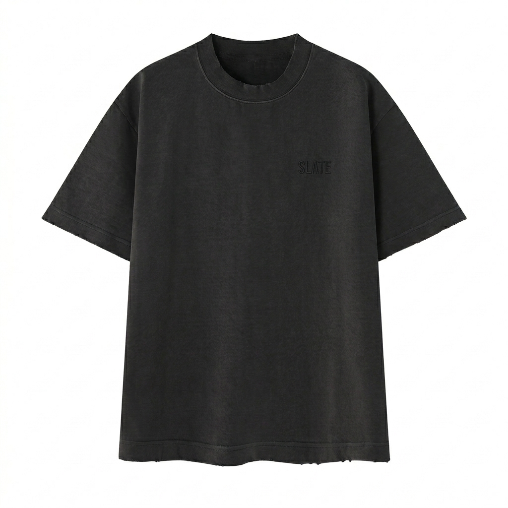 Custom Heavyweight Vintage Washed T-Shirt design direction 1: Tonal Minimalist Wordmark featuring the SLATE wordmark