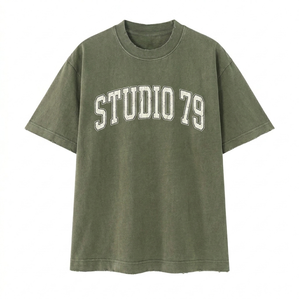 Custom Heavyweight Vintage Washed T-Shirt design direction 3: Retro Collegiate Emblem featuring the STUDIO 79 wordmark