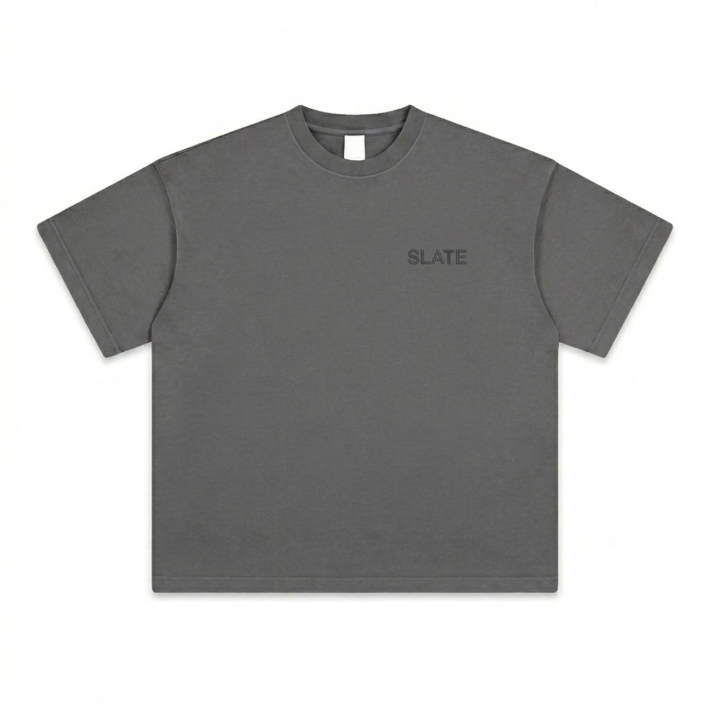Custom Heavyweight Vintage Washed T-Shirt design direction 1: Tonal Minimalist Wordmark featuring the SLATE wordmark