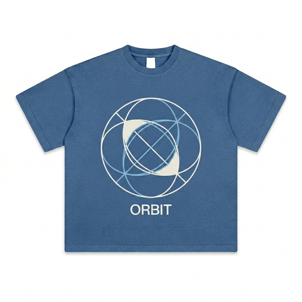 Custom Heavyweight Vintage Washed T-Shirt design direction 2: Abstract Geometric Graphic featuring the ORBIT wordmark