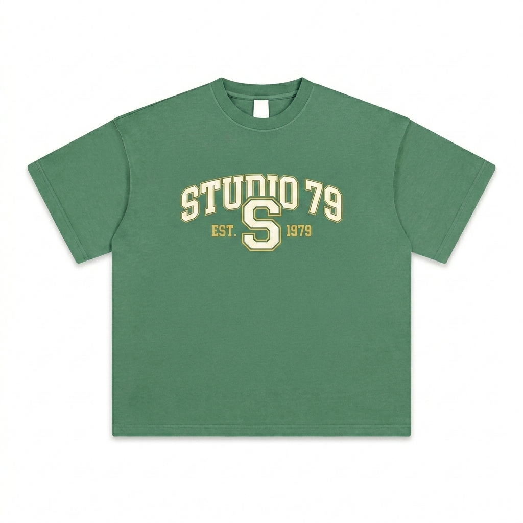 Custom Heavyweight Vintage Washed T-Shirt design direction 3: Retro Collegiate Emblem featuring the STUDIO 79 wordmark