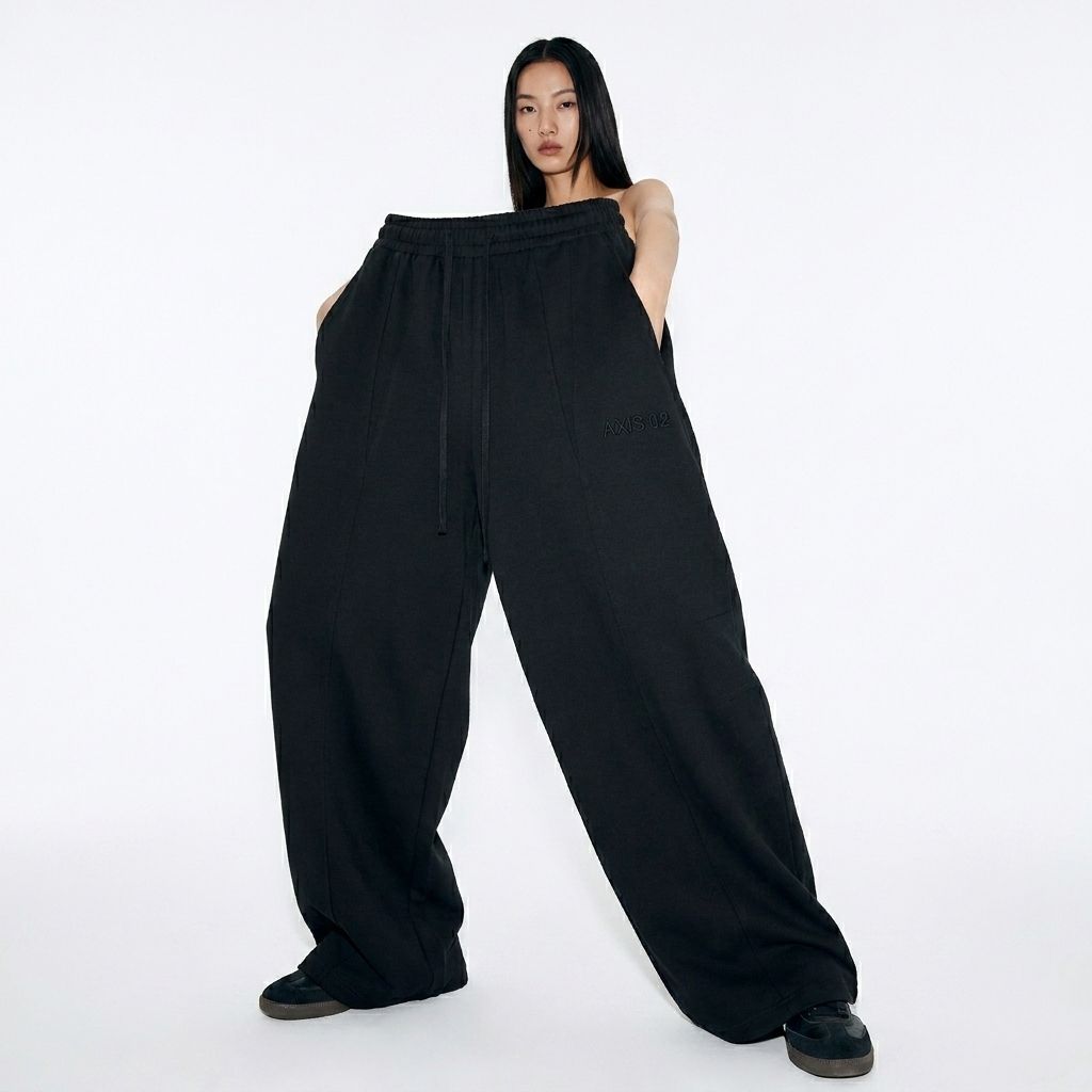 Heavyweight Wide Leg Sweatpants worn by a lean Chinese female fashion influencer, y2k revival styling, studio lookbook — custom heavyweight wide leg sweatpants