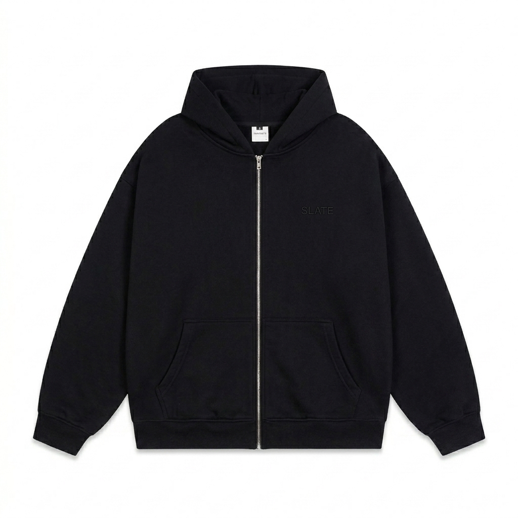 Custom Custom Heavyweight Zip-Up Hoodie design direction 1: Tonal Minimalist Wordmark featuring the SLATE wordmark