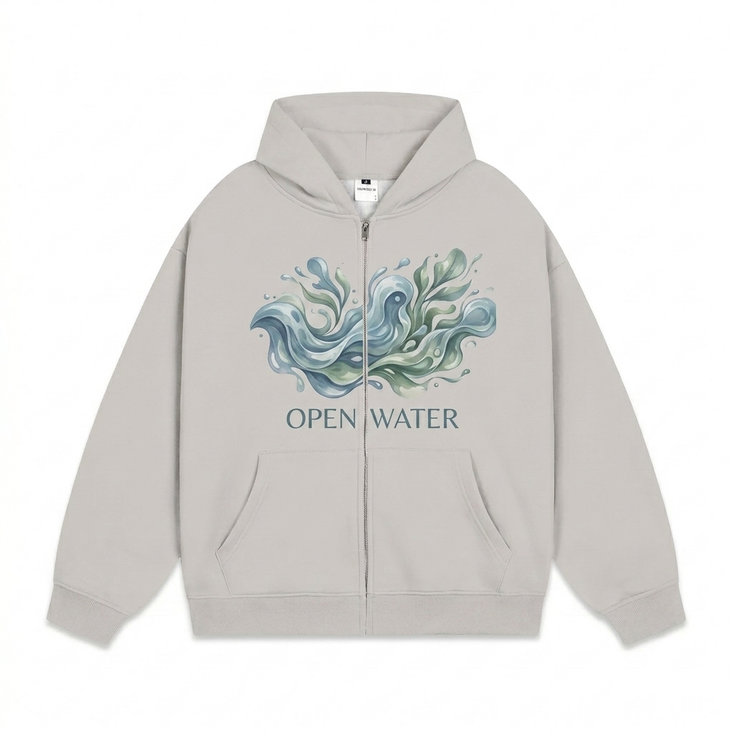 Custom Custom Heavyweight Zip-Up Hoodie design direction 2: Abstract Graphic Print featuring the OPEN WATER wordmark