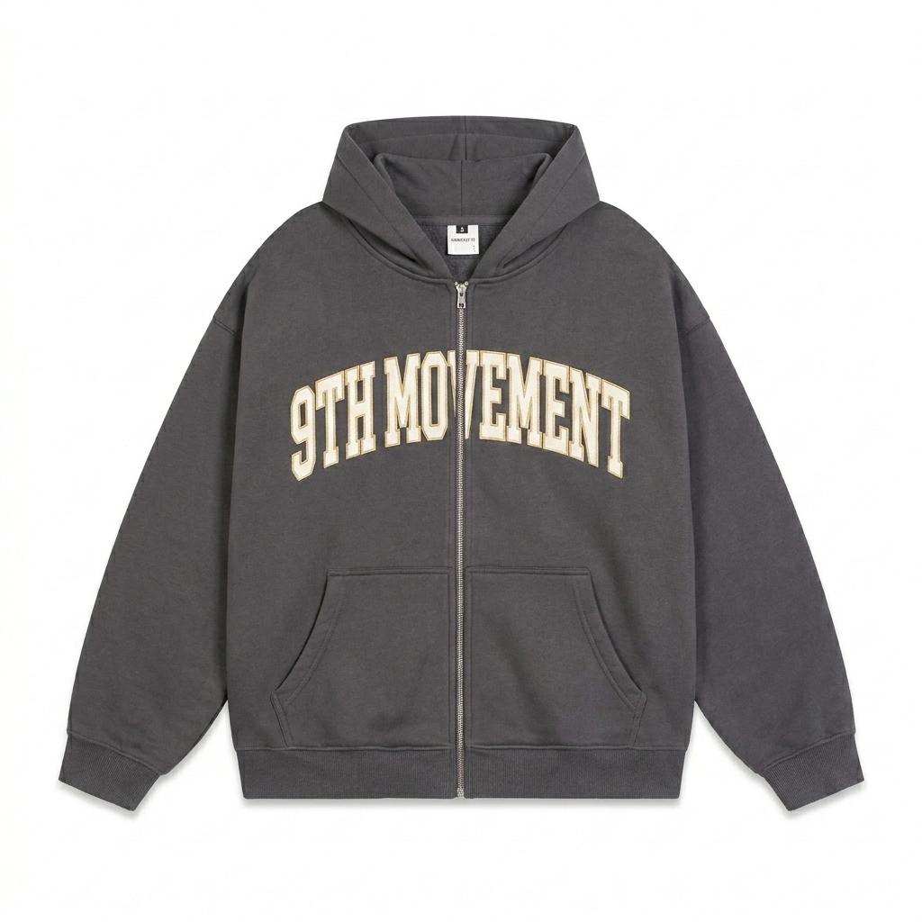 Custom Custom Heavyweight Zip-Up Hoodie design direction 3: Retro Collegiate Emblem featuring the 9TH MOVEMENT wordmark