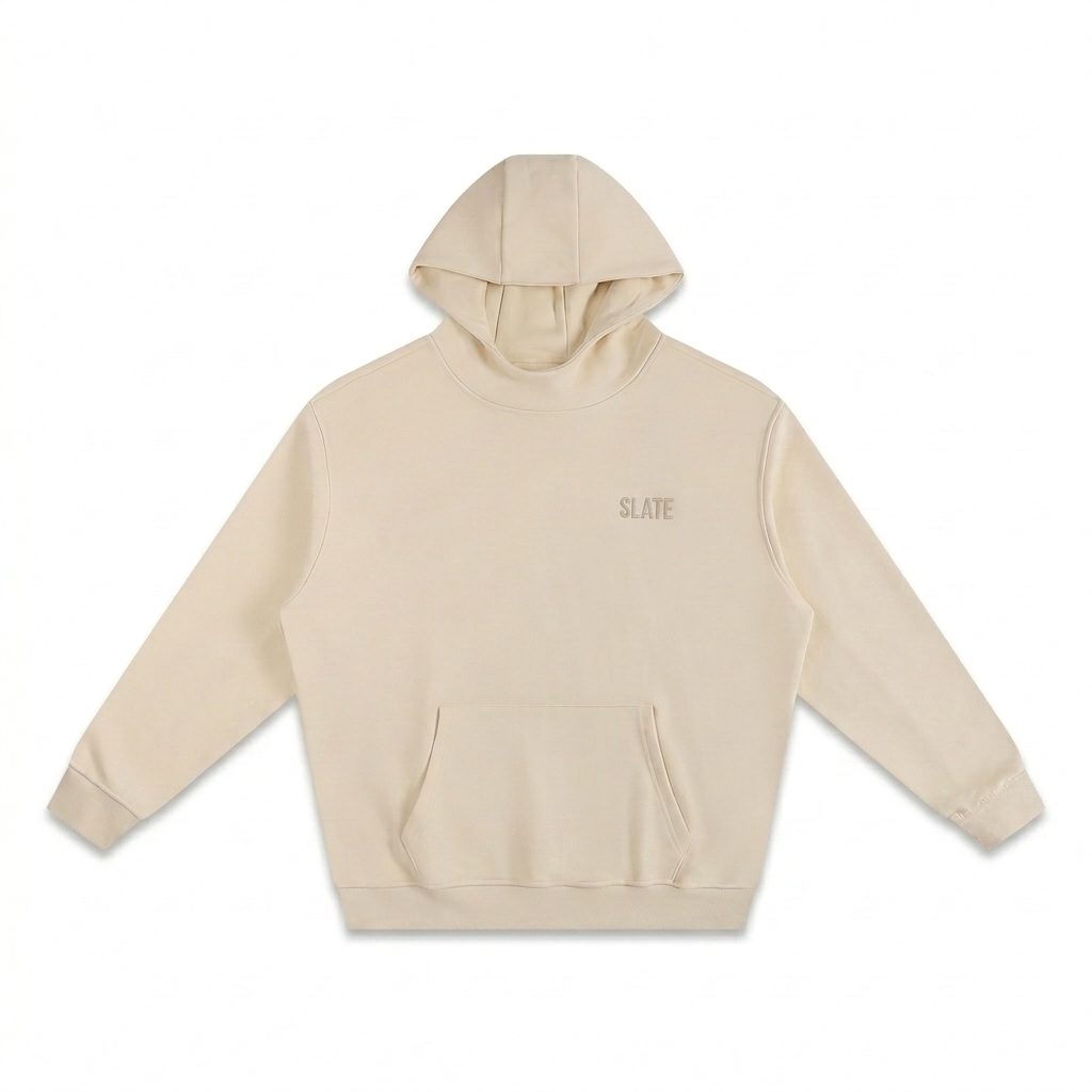 Custom High-Neck Fleece Hoodie design direction 1: Tonal Minimalist Wordmark featuring the SLATE wordmark