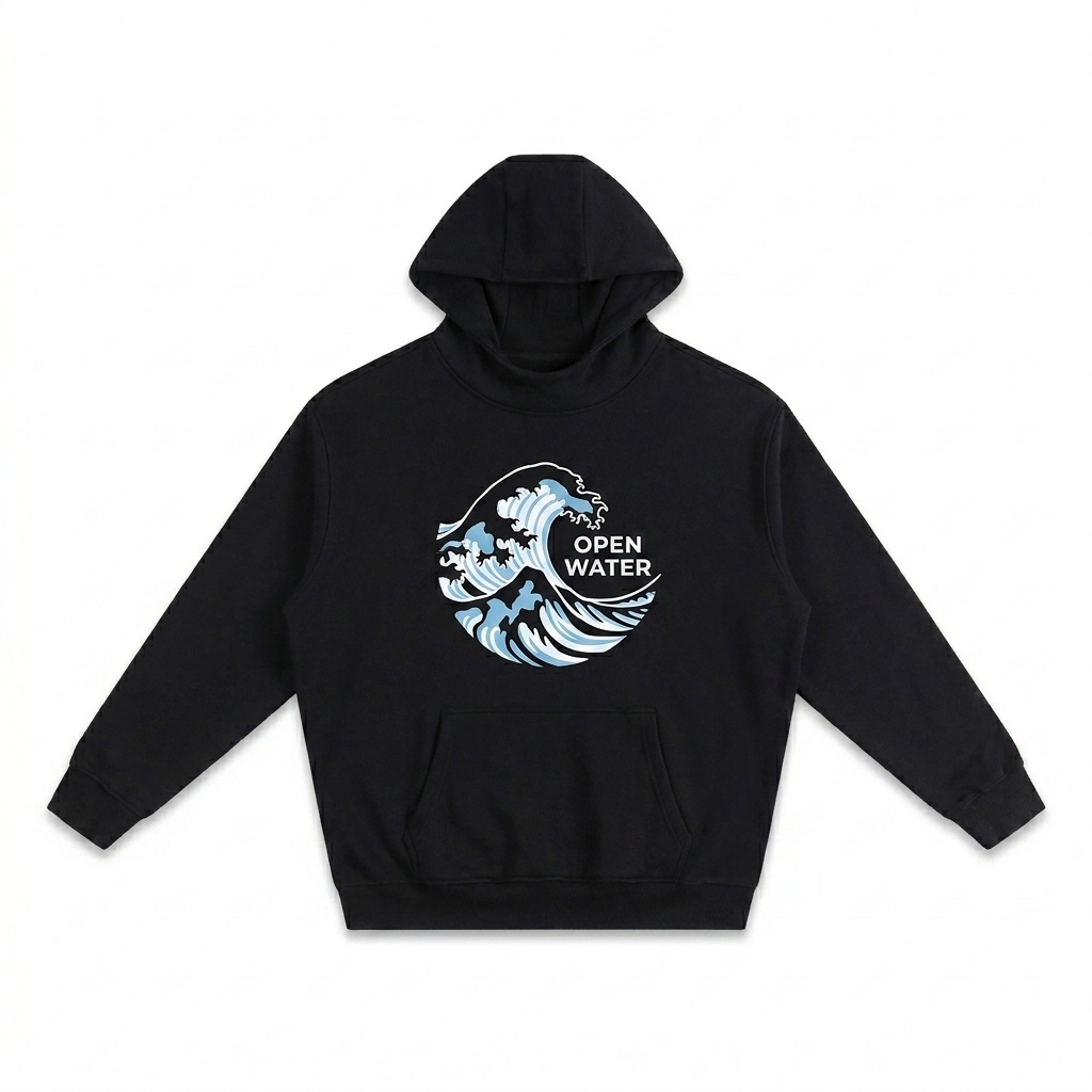 Custom High-Neck Fleece Hoodie design direction 2: Abstract Wave Illustration featuring the OPEN WATER wordmark