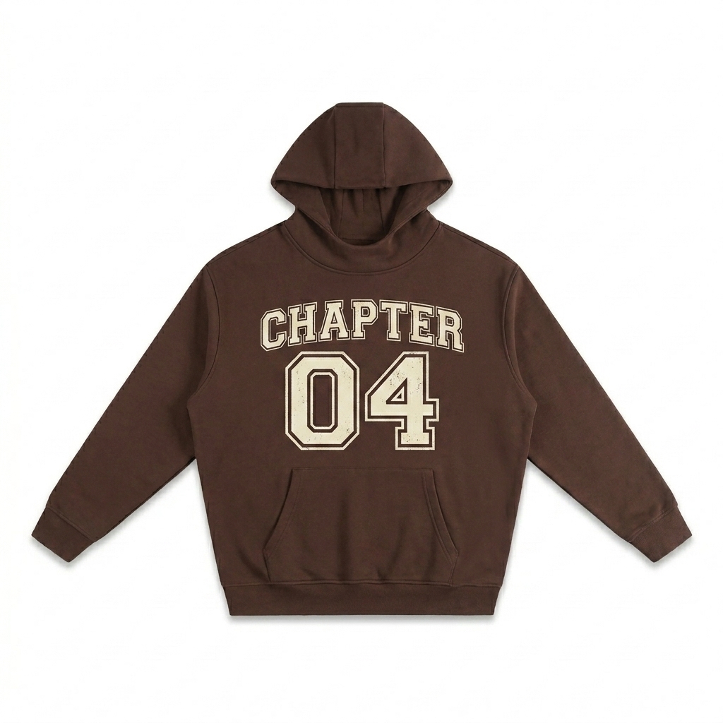 Custom High-Neck Fleece Hoodie design direction 3: Retro Collegiate Type featuring the CHAPTER 04 wordmark