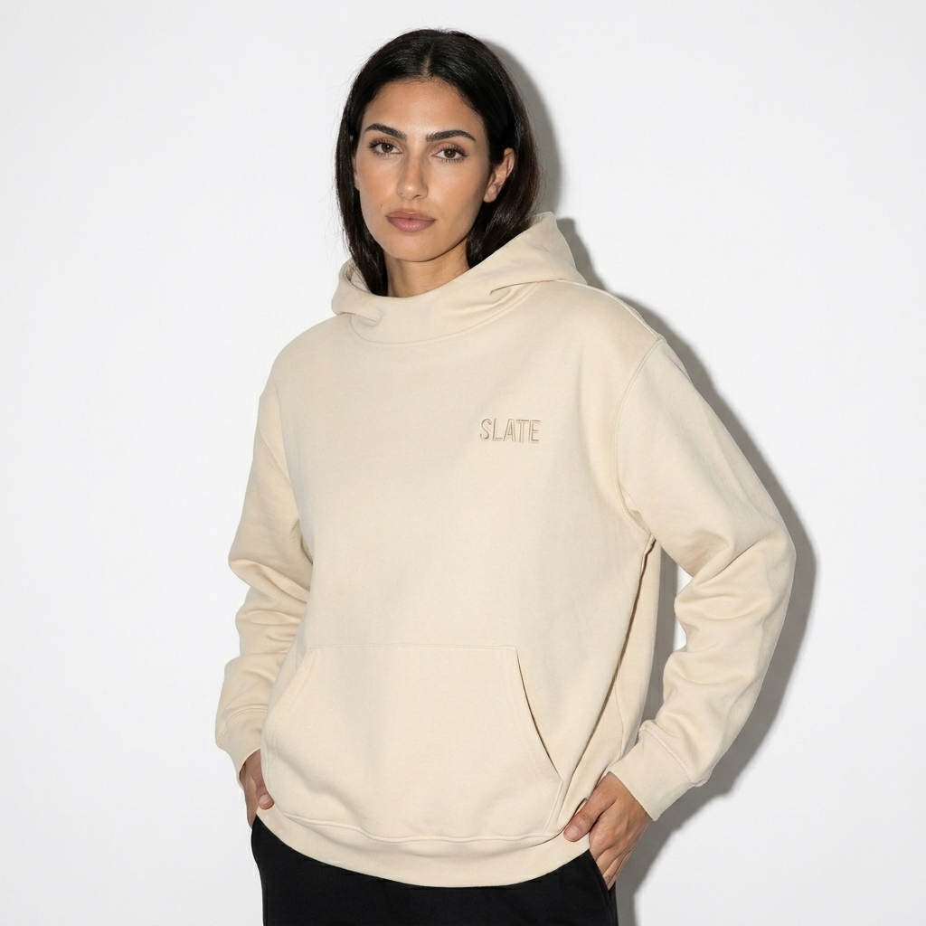 High-Neck Fleece Hoodie worn by a slim tall Mediterranean female fashion influencer, minimalist luxury styling, studio lookbook — custom high-neck fleece hoodie