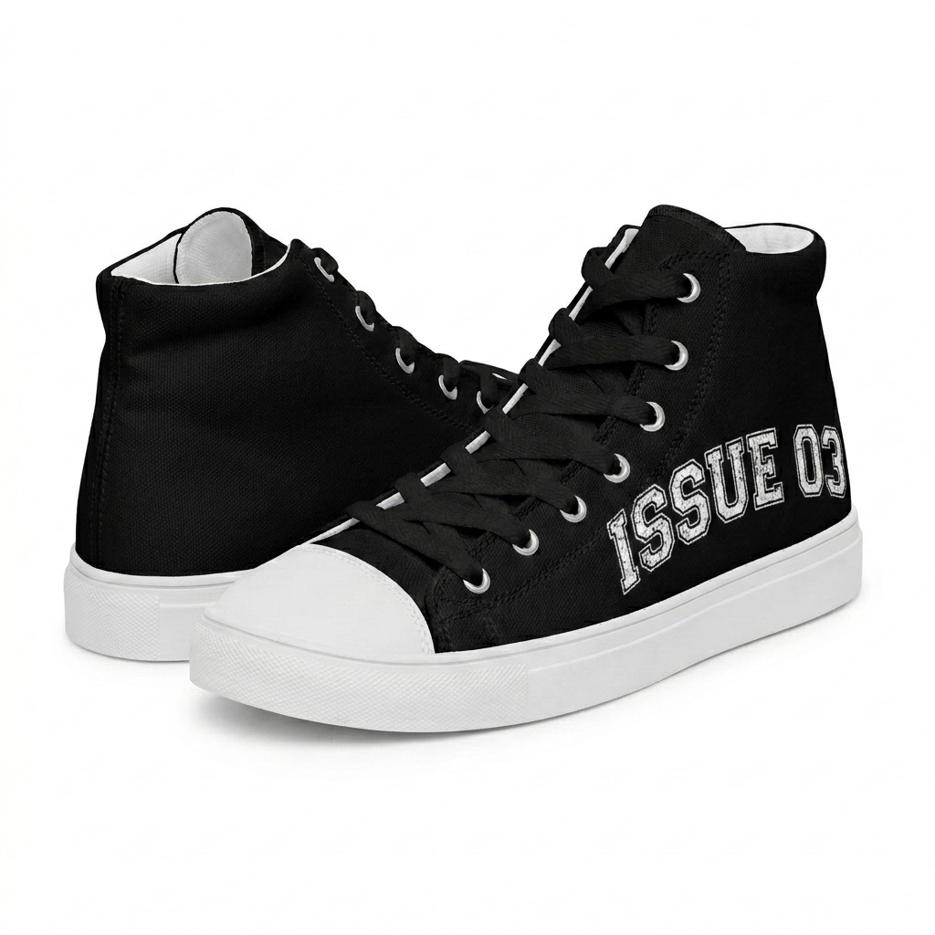Custom High-Top Canvas Shoes design direction 3: Retro Collegiate Typography featuring the ISSUE 03 wordmark