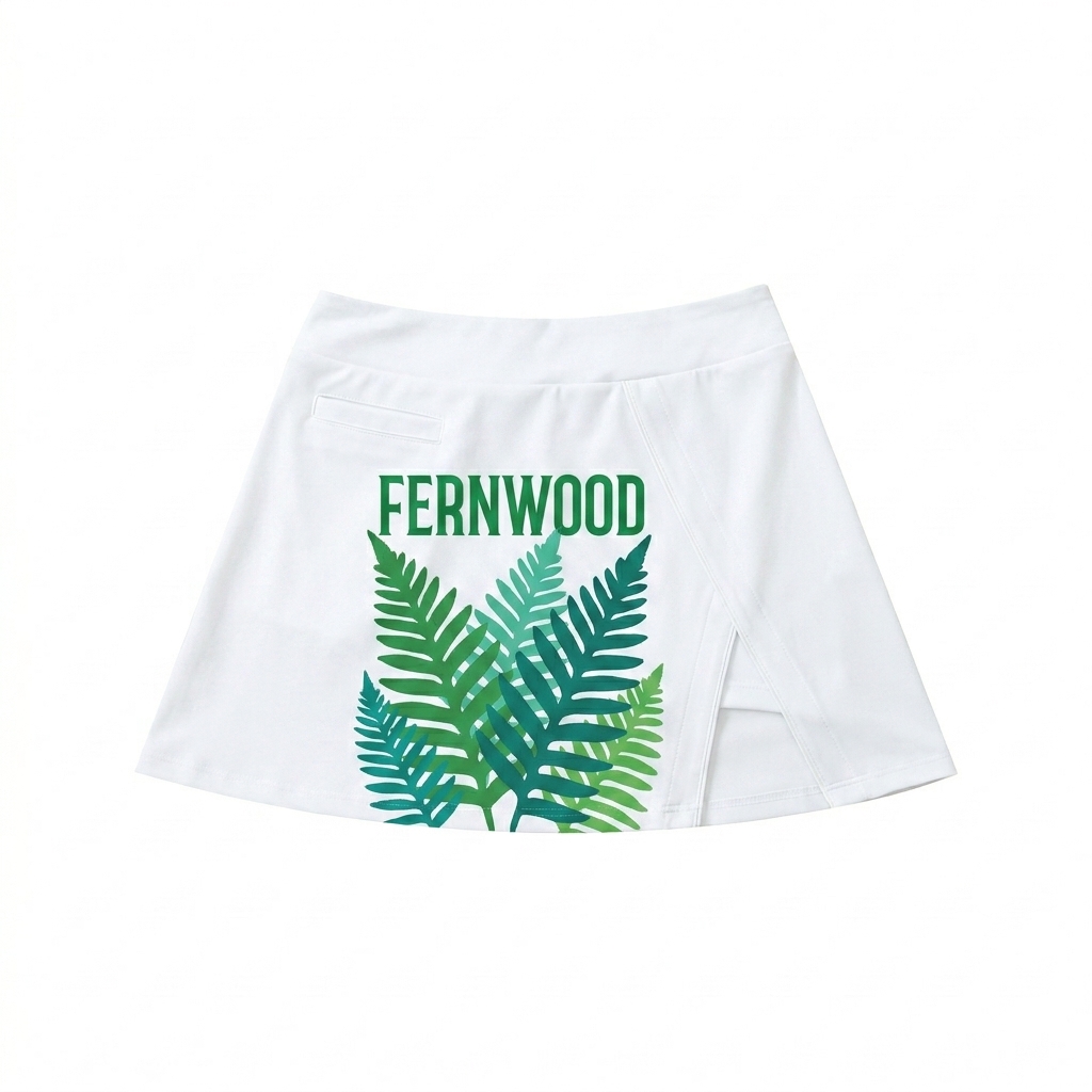 Custom High-Waist Pocketed A-Line Skirt design direction 2: Bold Botanical Graphic featuring the FERNWOOD wordmark