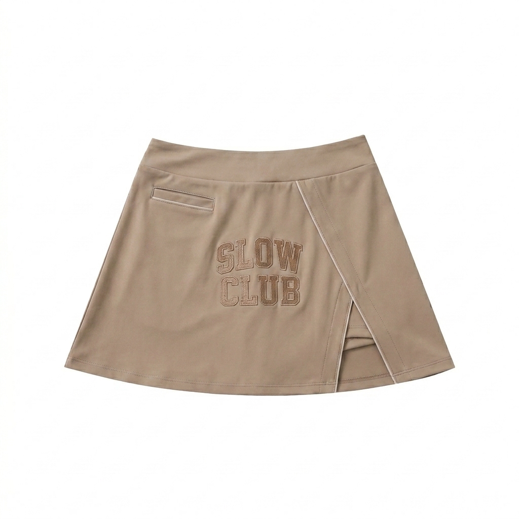 Custom High-Waist Pocketed A-Line Skirt design direction 3: Retro Collegiate Emblem featuring the SLOW CLUB wordmark