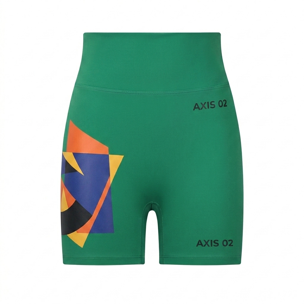 Custom High-Waisted Biker Shorts design direction 2: Abstract Geometric Graphic featuring the AXIS 02 wordmark