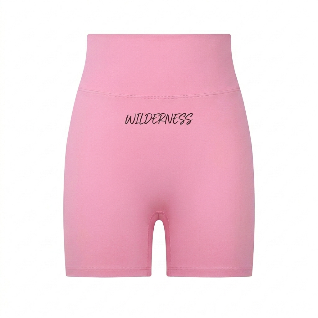 Custom High-Waisted Biker Shorts design direction 3: Fluid Script Signature featuring the WILDERNESS wordmark