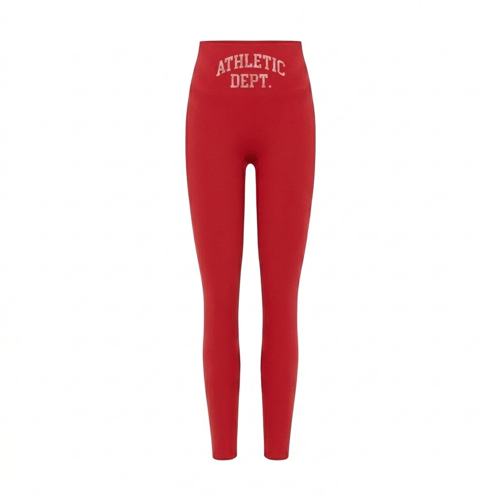 Custom High-Waisted Yoga Leggings design direction 3: Varsity Athletics Emblem featuring the ATHLETIC DEPT. wordmark