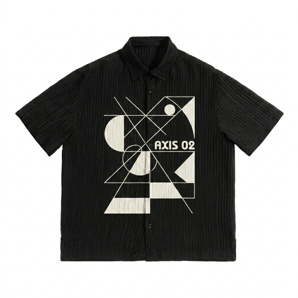Custom Jacquard Button-Up Shirt design direction 2: Geometric Abstract Graphic featuring the AXIS 02 wordmark