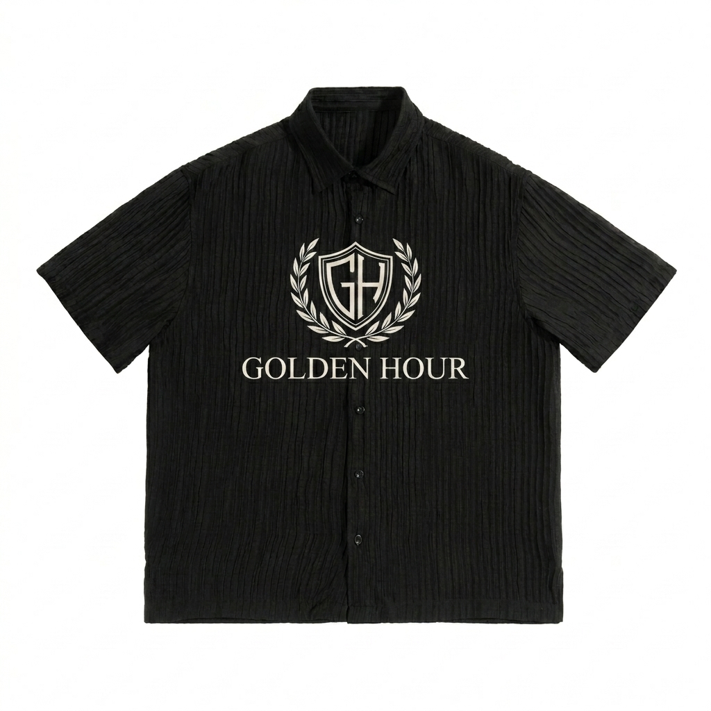 Custom Jacquard Button-Up Shirt design direction 3: Classic Heritage Monogram featuring the GOLDEN HOUR wordmark
