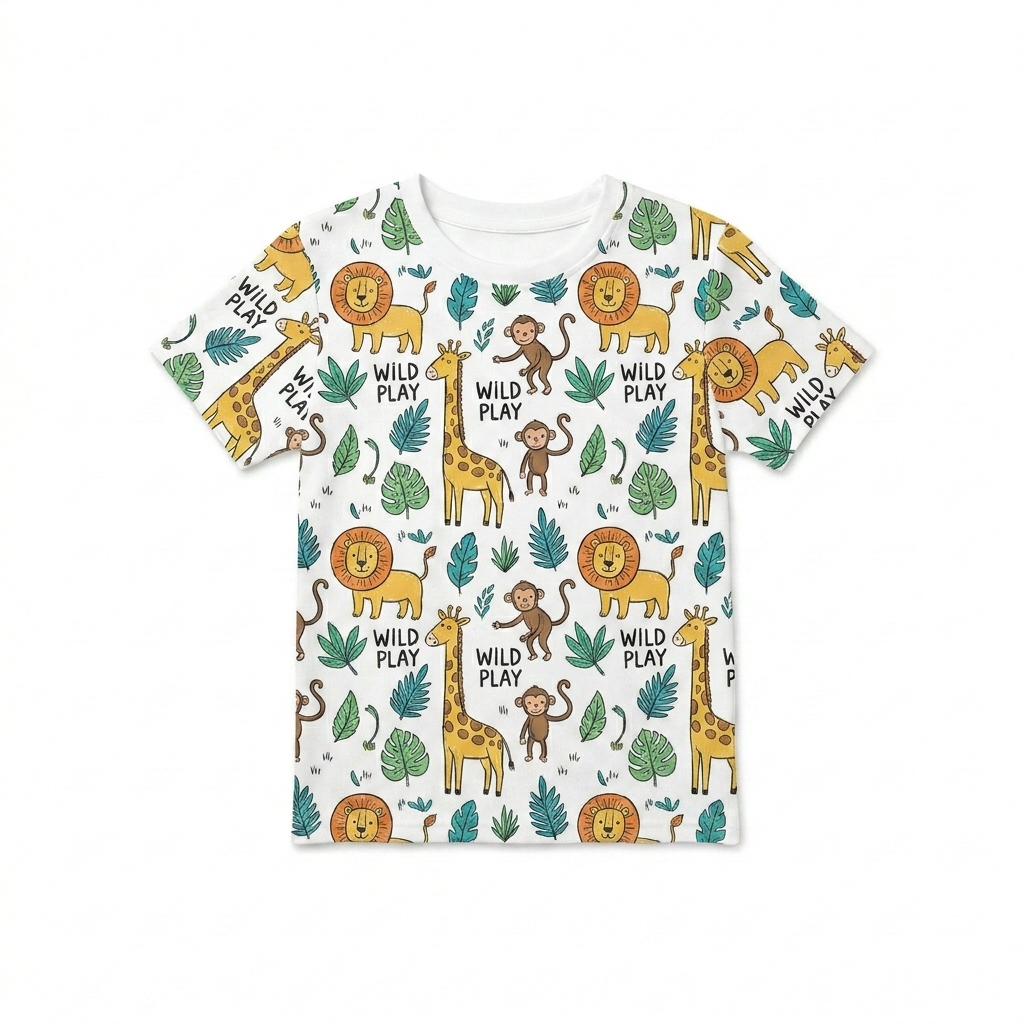 Custom Kids' All-Over Print Crew Neck T-Shirt design direction 1: Playful Safari Pattern featuring the WILD PLAY wordmark