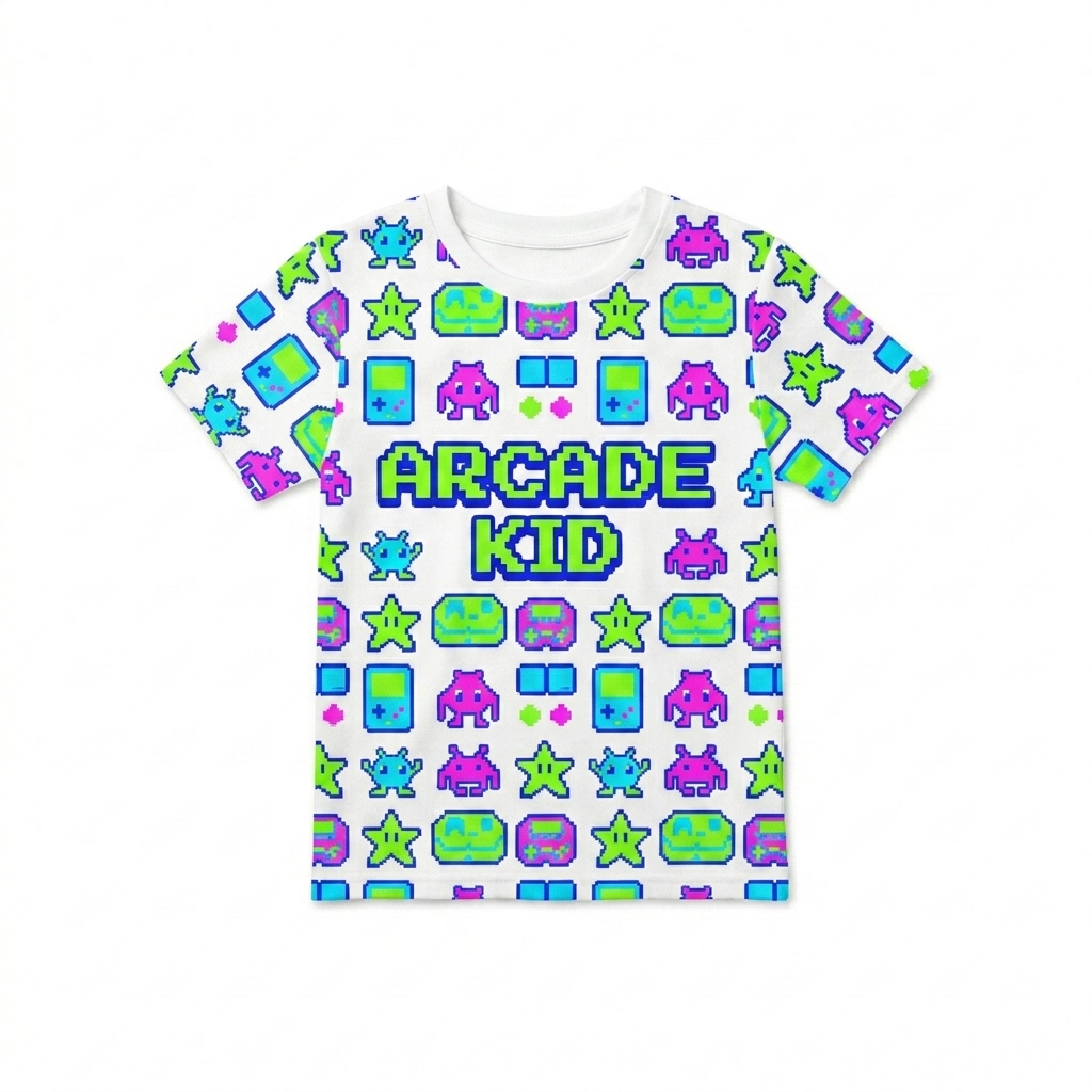 Custom Kids' All-Over Print Crew Neck T-Shirt design direction 2: Retro Pixel World featuring the ARCADE KID wordmark