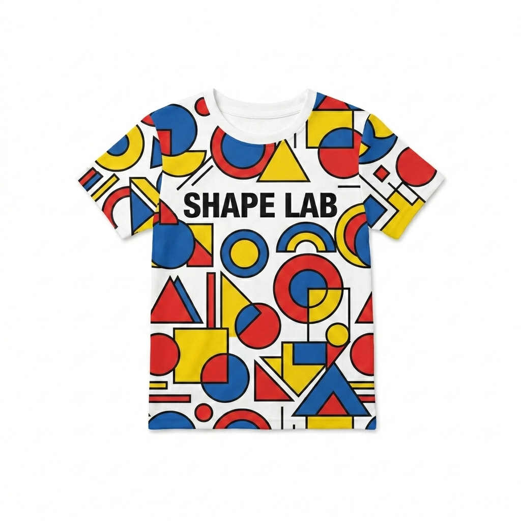 Custom Kids' All-Over Print Crew Neck T-Shirt design direction 3: Abstract Geometric Shapes featuring the SHAPE LAB wordmark