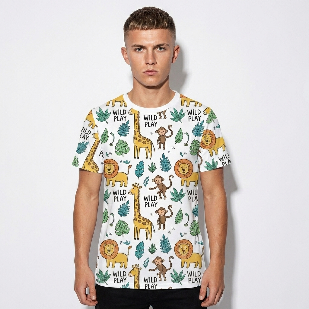 Kids' All-Over Print Crew Neck T-Shirt worn by a petite British male fashion influencer, techwear modern styling, studio lookbook — custom kids' all-over print crew neck t-shirt