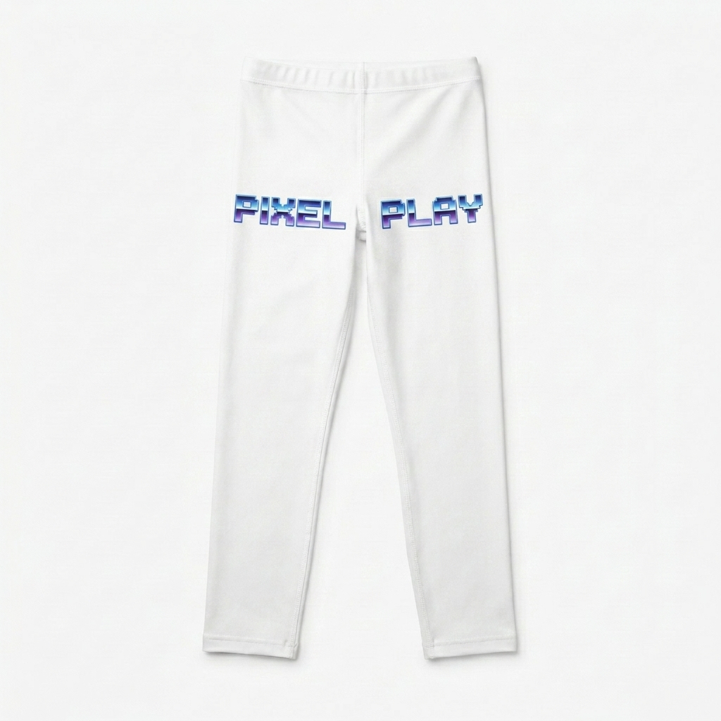 Custom Kids All-Over Print Leggings design direction 2: Retro Arcade Grid featuring the PIXEL PLAY wordmark