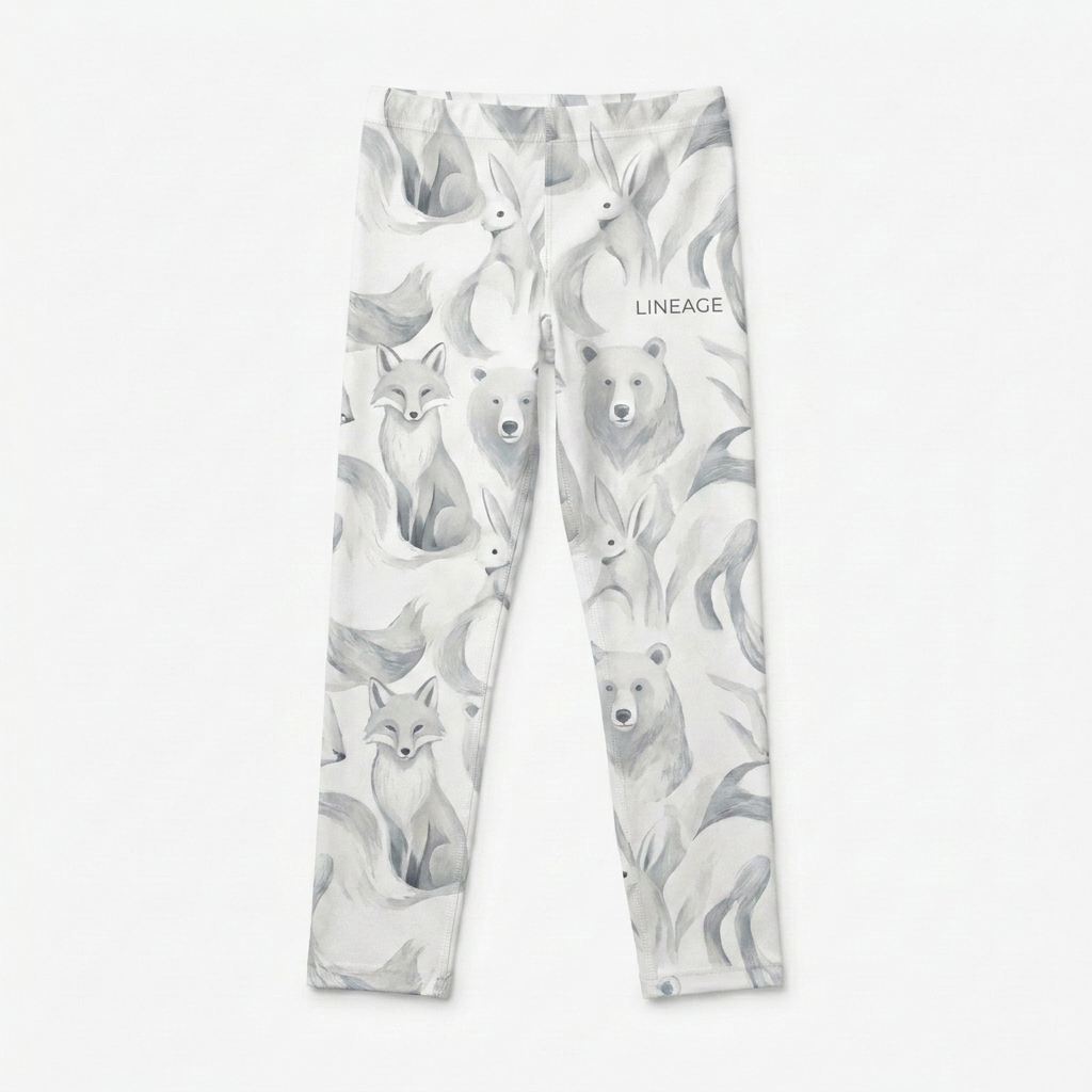 Custom Kids All-Over Print Leggings design direction 3: Continuous Line Animals featuring the LINEAGE wordmark