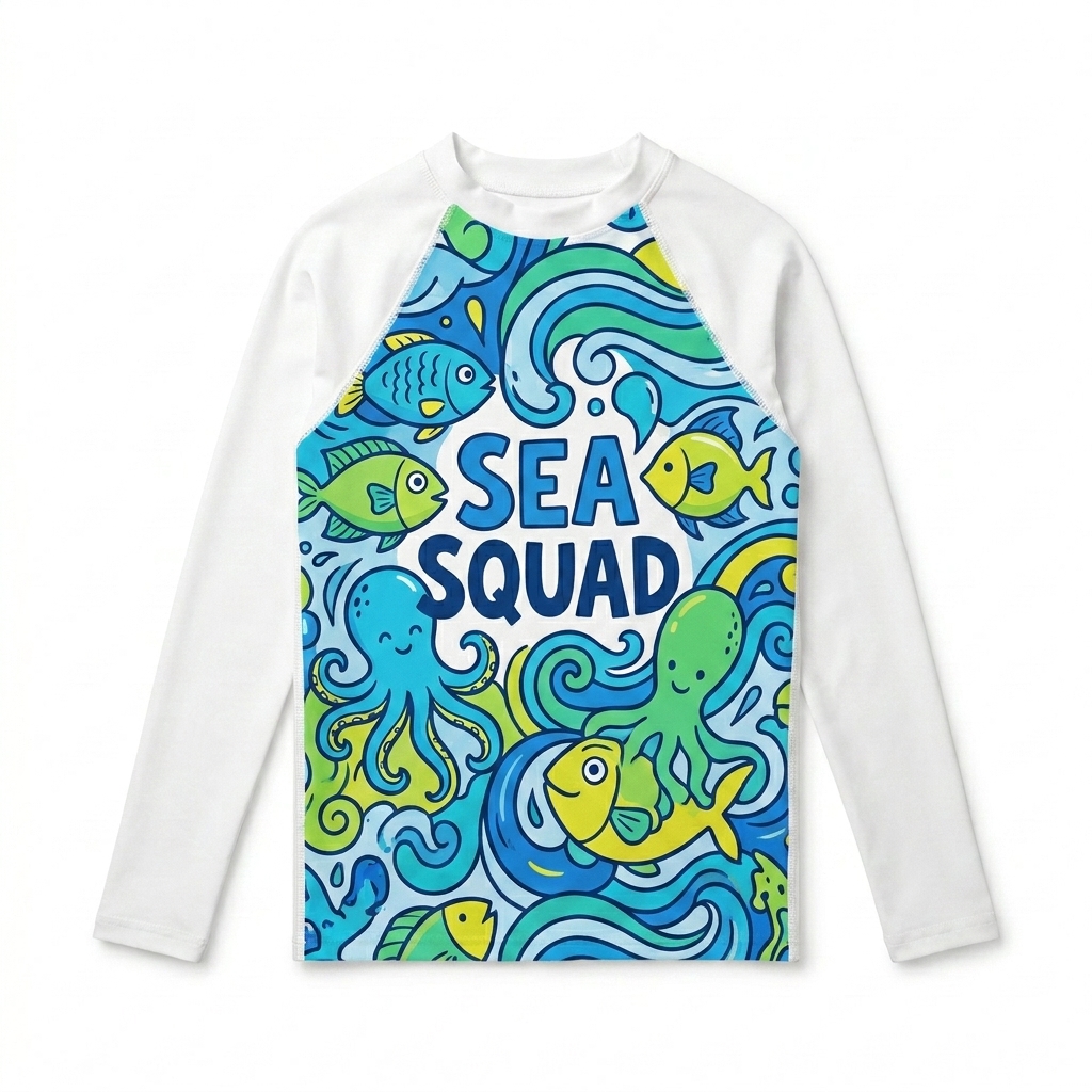 Custom Kids' All-Over Print Rash Guard design direction 1: Playful Ocean Graphic featuring the SEA SQUAD wordmark