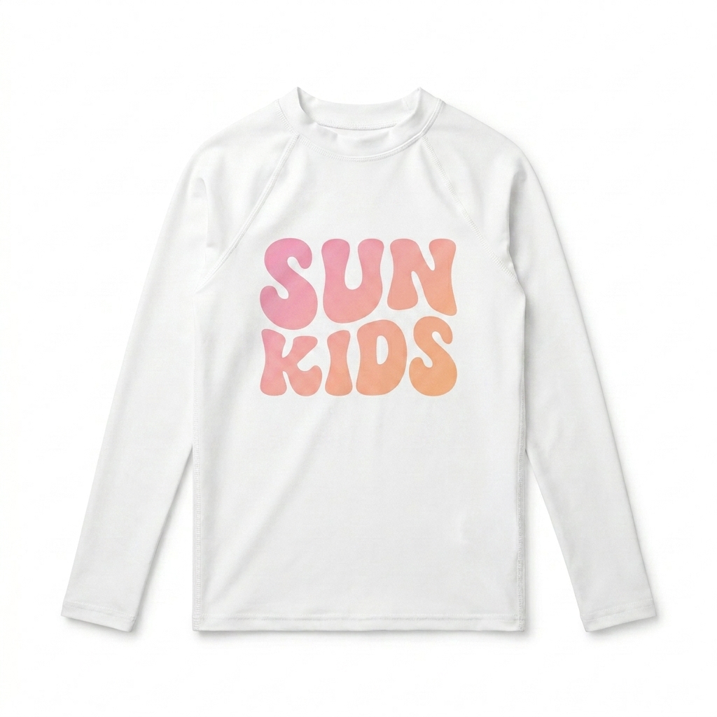 Custom Kids' All-Over Print Rash Guard design direction 2: Retro Summer Wordmark featuring the SUN KIDS wordmark