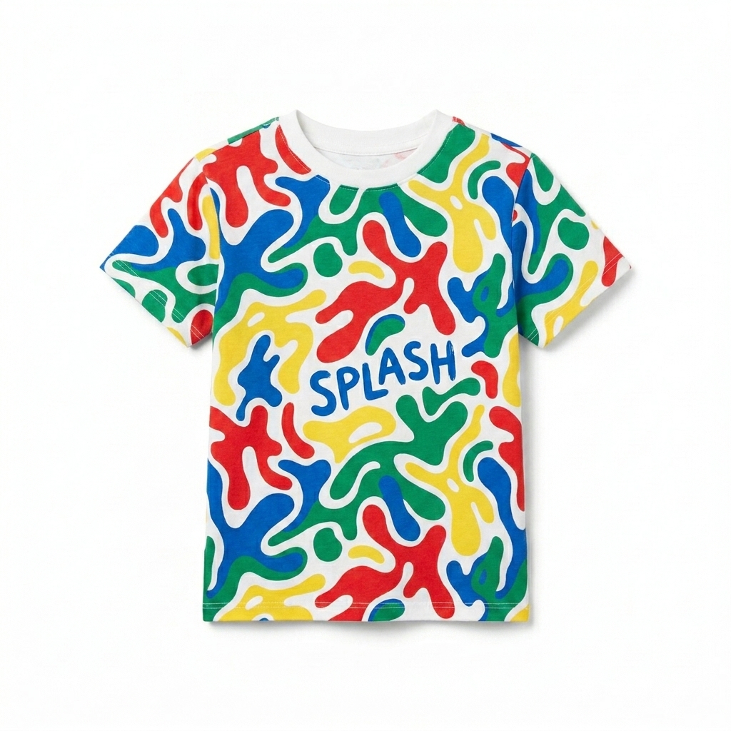 Custom Kids All-Over Print T-Shirt design direction 1: Bold Abstract Pattern featuring the SPLASH wordmark
