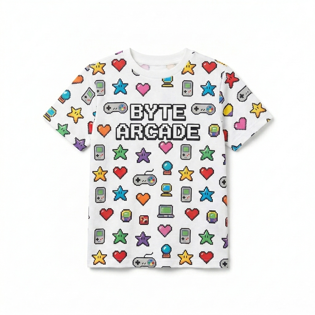 Custom Kids All-Over Print T-Shirt design direction 2: Retro Pixel Art featuring the BYTE ARCADE wordmark