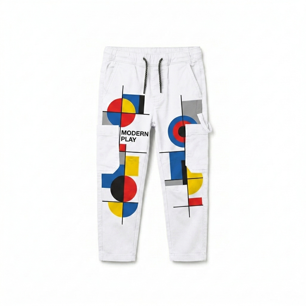 Custom Kids All-Over Print T-Shirt design direction 3: Geometric Shape Grid featuring the MODERN PLAY wordmark