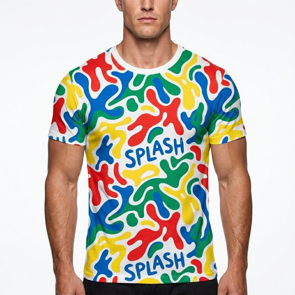 Kids All-Over Print T-Shirt worn by a broad-shouldered Australian male fashion influencer, editorial avant-garde styling, studio lookbook — custom kids all-over print t-shirt