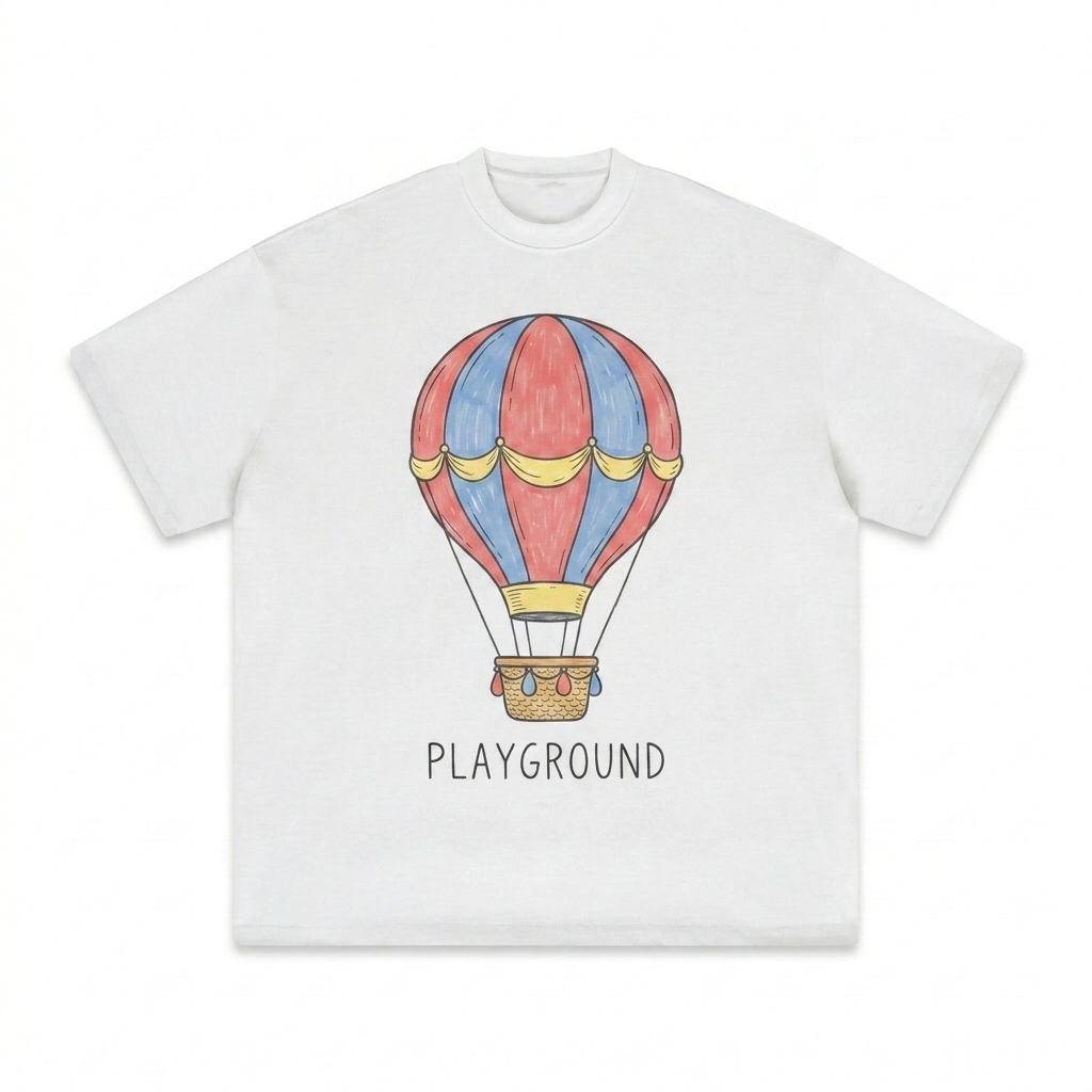 Custom Kids Essential Cotton T-Shirt design direction 2: Playful Graphic Illustration featuring the PLAYGROUND wordmark