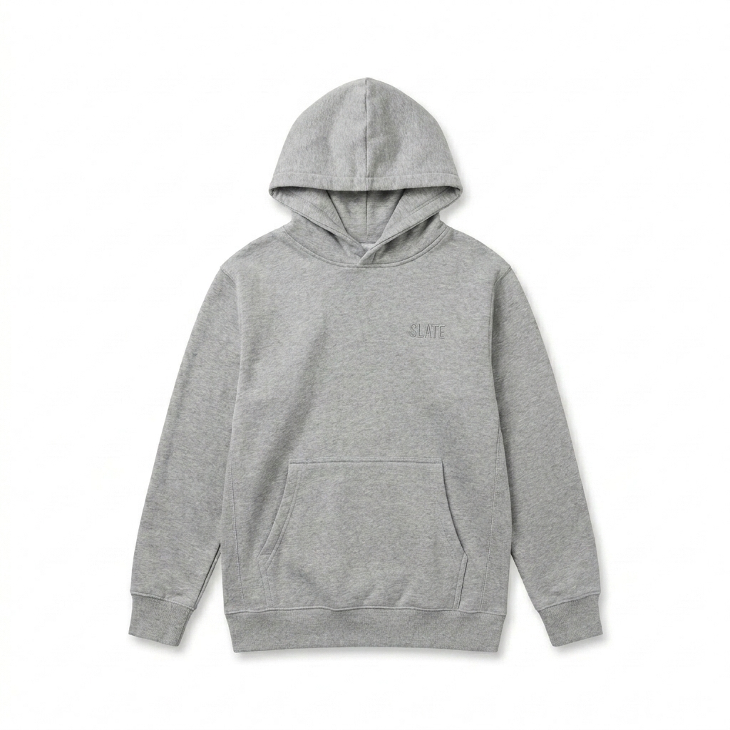 Custom Kids Fleece Pullover Hoodie design direction 1: Tonal Minimalist Wordmark featuring the SLATE wordmark